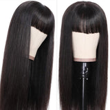 YUZHU Human Hair Wigs with Bangs for Black Women Straight Glueless None Lace Front Wigs Human Hair Machine Made Wigs 180% Density Brazilian Virgin Human Hair Wig with Bangs Natural Black Color