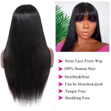 YUZHU Human Hair Wigs with Bangs for Black Women Straight Glueless None Lace Front Wigs Human Hair Machine Made Wigs 180% Density Brazilian Virgin Human Hair Wig with Bangs Natural Black Color