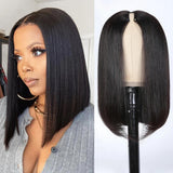 YUZHU Short Bob V-Part Wigs Human Hair Straight Natural Color 180% Density